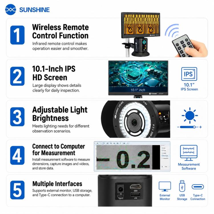 Microscopio digitale SUNSHINE MS10E-04 4K HD con base in metallo e ampio display da 10 pollici., EU Plug, UK Plug