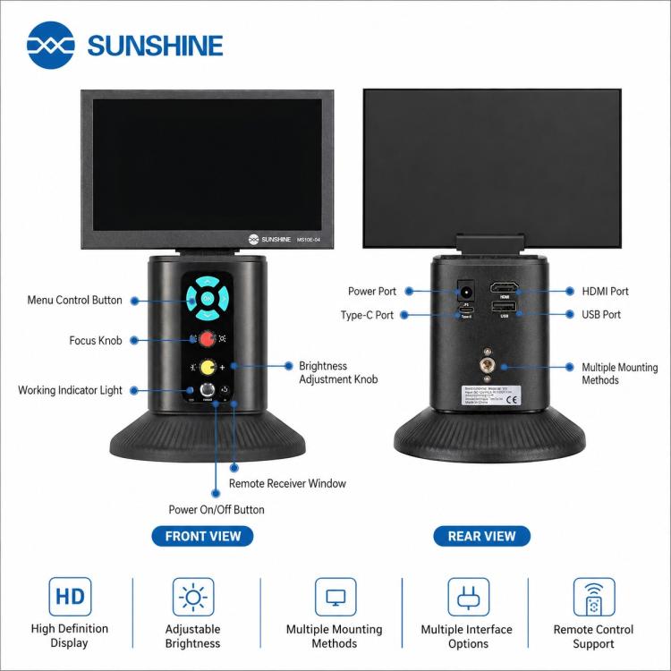Microscopio digitale SUNSHINE MS10E-04 4K HD con base in metallo e ampio display da 10 pollici., EU Plug, UK Plug
