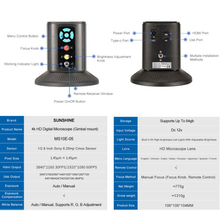 Microscopio digitale SUNSHINE MS10E-05 4K HD con supporto universale, EU Plug, UK Plug