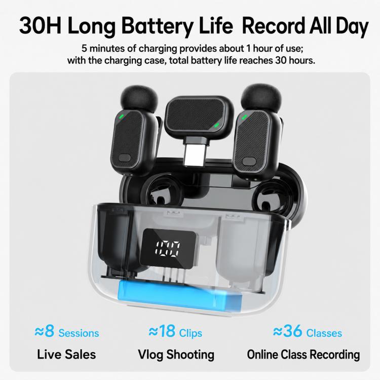 Mini microfono lavalier wireless a 6 vie con riduzione del rumore, Type-C, 8 Pin