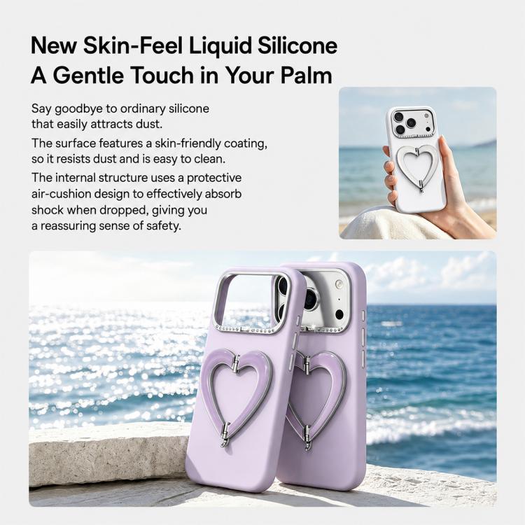 Custodia per telefono in silicone liquido a forma di cuore in metallo con supporto integrato., For iPhone 18 Pro, For iPhone 18 Pro Max, For iPhone 17 Pro Max, For iPhone 17 Pro