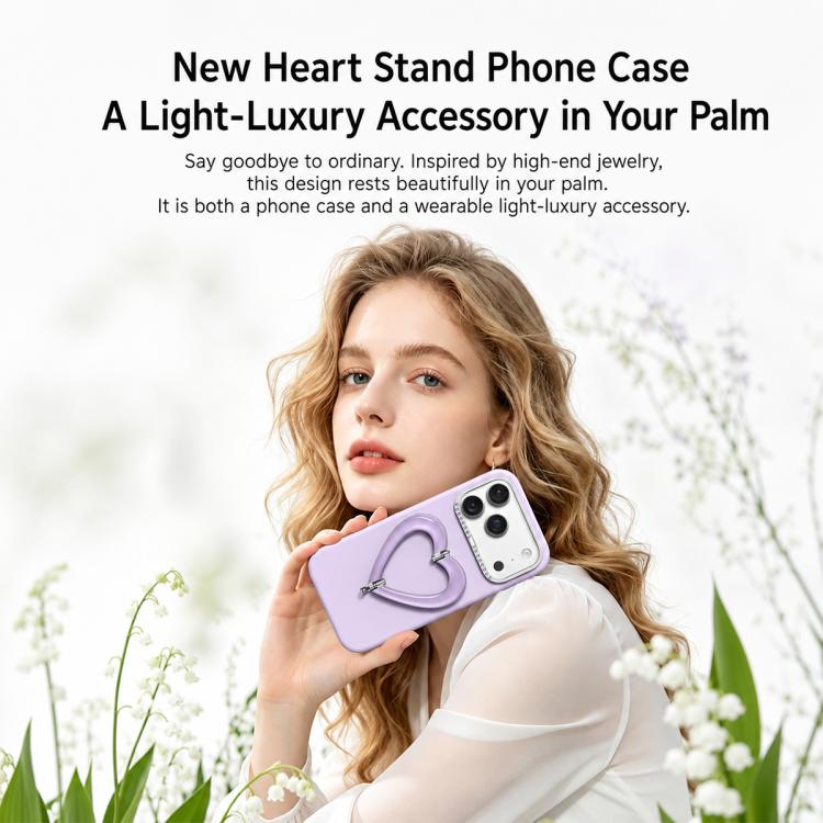 Custodia per telefono in silicone liquido a forma di cuore in metallo con supporto integrato., For iPhone 18 Pro, For iPhone 18 Pro Max, For iPhone 17 Pro Max, For iPhone 17 Pro