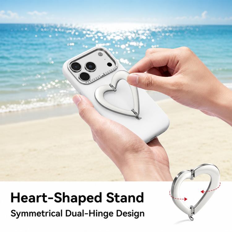 Custodia per telefono in silicone liquido a forma di cuore in metallo con supporto integrato., For iPhone 18 Pro, For iPhone 18 Pro Max, For iPhone 17 Pro Max, For iPhone 17 Pro