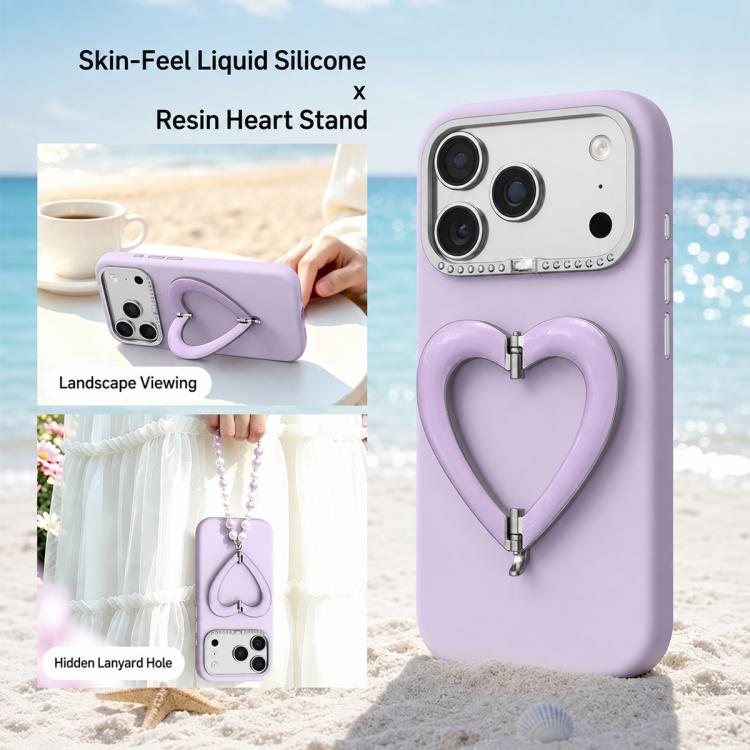 Custodia per telefono in silicone liquido a forma di cuore in metallo con supporto integrato., For iPhone 18 Pro, For iPhone 18 Pro Max, For iPhone 17 Pro Max, For iPhone 17 Pro