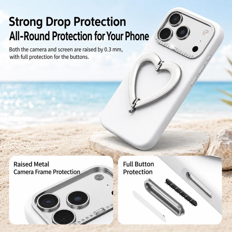 Custodia per telefono in silicone liquido a forma di cuore in metallo con supporto integrato., For iPhone 16 Pro Max, For iPhone 16 Pro