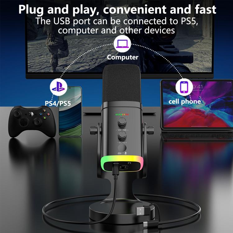 Microfono da gioco RGB con driver dinamico USB YU8, riduzione del rumore e riduzione del rumore.