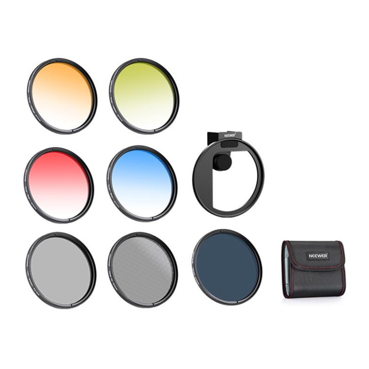 Kit di filtri per obiettivo cellulare NEEWER da 67 mm, 7-Piece Filter Kit, HD ND2-32 Filter+ Magnetic Clip, HD ND2-32 Filter+Threaded Clip, HD CPL Filter+Threaded Clip, Cold Shoe Phone Clip No Filter, ND2-32+CPL+Black Diffusion Filter