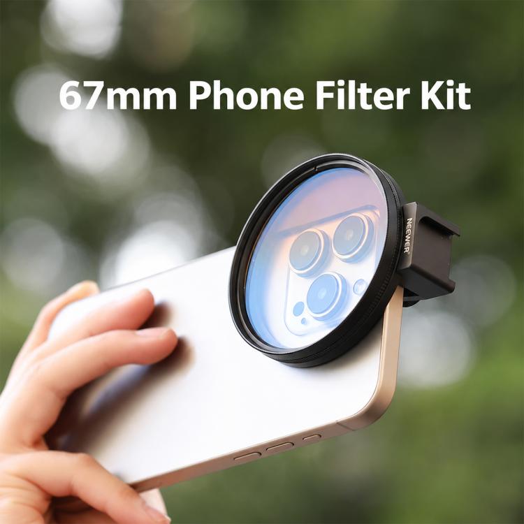 Kit di filtri per obiettivo cellulare NEEWER da 67 mm, 7-Piece Filter Kit, HD ND2-32 Filter+ Magnetic Clip, HD ND2-32 Filter+Threaded Clip, HD CPL Filter+Threaded Clip, Cold Shoe Phone Clip No Filter, ND2-32+CPL+Black Diffusion Filter