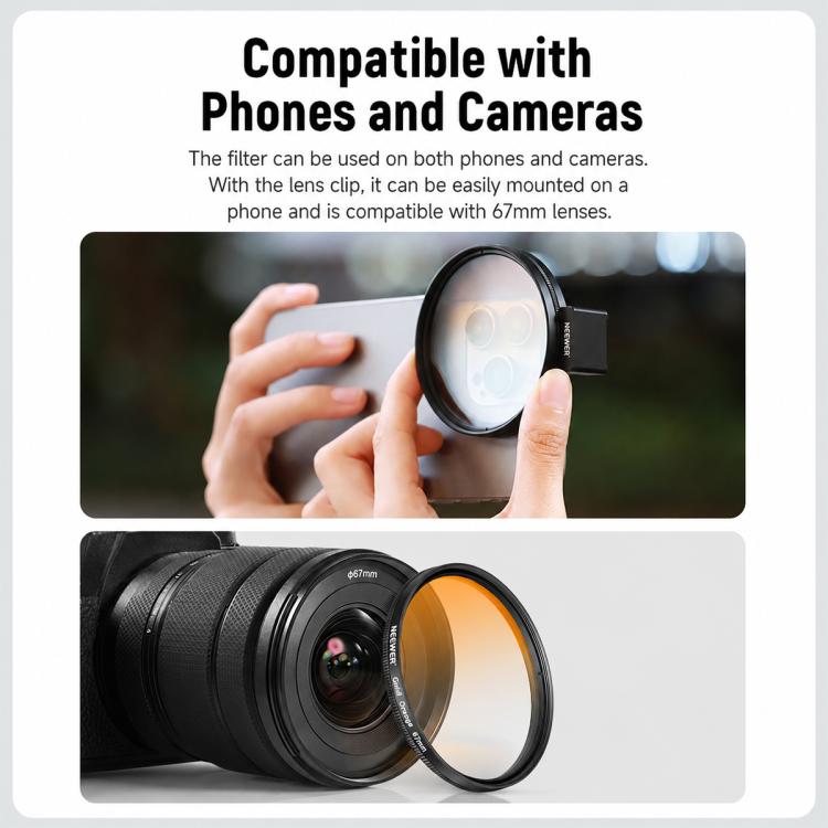 Kit di filtri per obiettivo cellulare NEEWER da 67 mm, 7-Piece Filter Kit, HD ND2-32 Filter+ Magnetic Clip, HD ND2-32 Filter+Threaded Clip, HD CPL Filter+Threaded Clip, Cold Shoe Phone Clip No Filter, ND2-32+CPL+Black Diffusion Filter