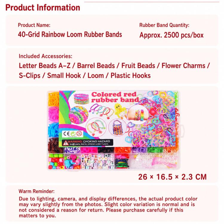 2500 pezzi/scatola, 40 griglie di elastici arcobaleno, kit fai da te per la creazione di braccialetti., 2500 PCS/Box 40-grid