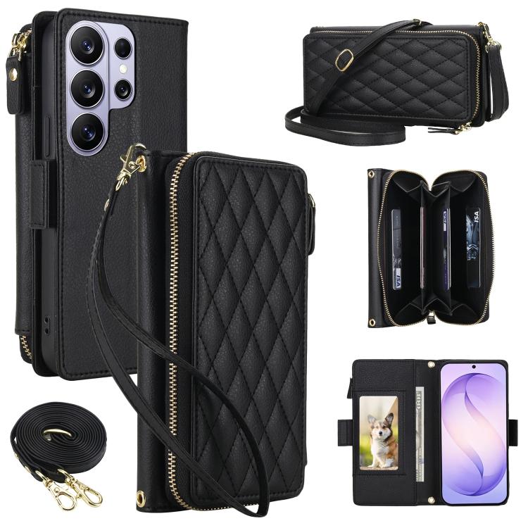 Portafoglio romboidale con cerniera e texture litchi, custodia per telefono in pelle vegana con cinturino, For Galaxy S26 Ultra 5G