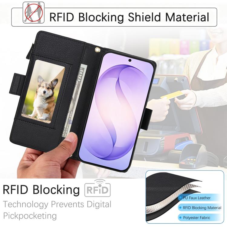 Portafoglio romboidale con cerniera e texture litchi, custodia per telefono in pelle vegana con cinturino, For Galaxy S26 Ultra 5G
