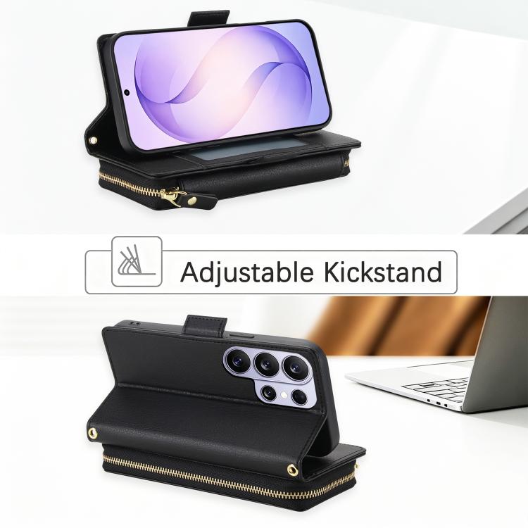 Portafoglio romboidale con cerniera e texture litchi, custodia per telefono in pelle vegana con cinturino, For Galaxy S26 Ultra 5G