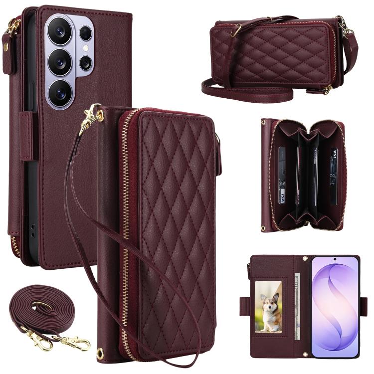 Portafoglio romboidale con cerniera e texture litchi, custodia per telefono in pelle vegana con cinturino, For Galaxy S26 Ultra 5G