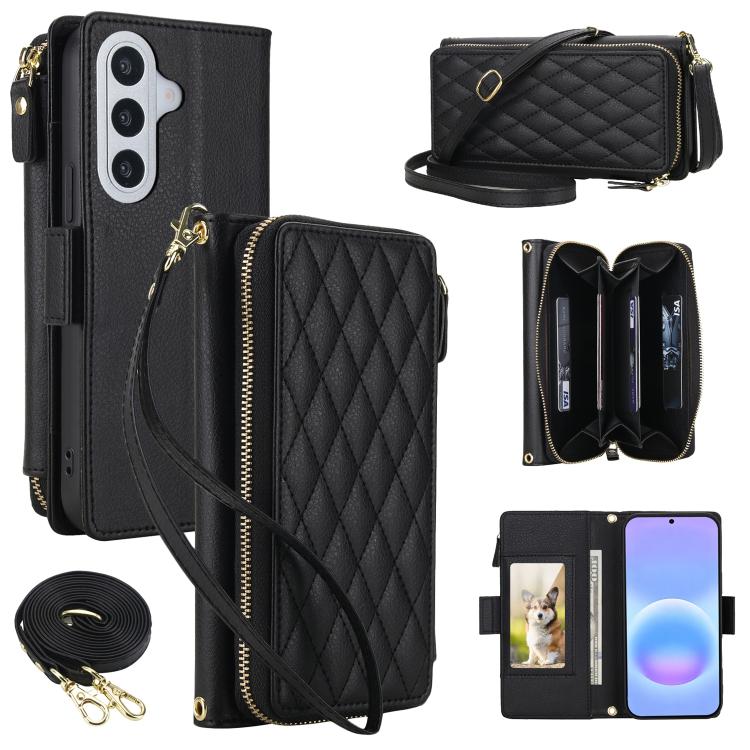 Portafoglio romboidale con cerniera e texture litchi, custodia per telefono in pelle vegana con cinturino, For Galaxy A57 5G