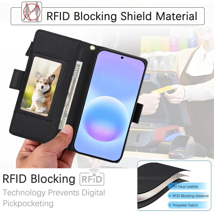 Portafoglio romboidale con cerniera e texture litchi, custodia per telefono in pelle vegana con cinturino, For Galaxy A57 5G