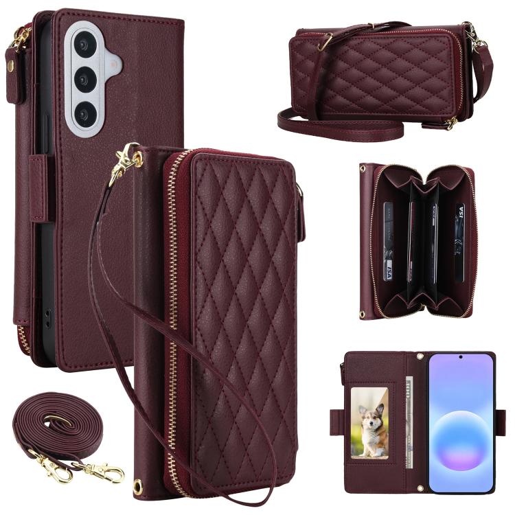 Portafoglio romboidale con cerniera e texture litchi, custodia per telefono in pelle vegana con cinturino, For Galaxy A57 5G