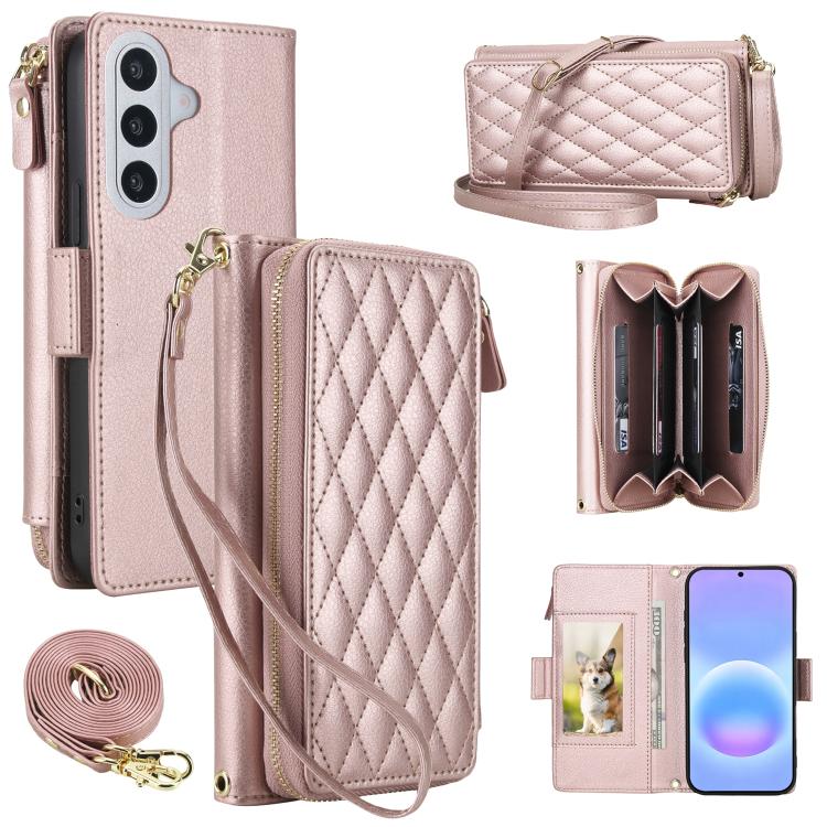 Portafoglio romboidale con cerniera e texture litchi, custodia per telefono in pelle vegana con cinturino, For Galaxy A57 5G
