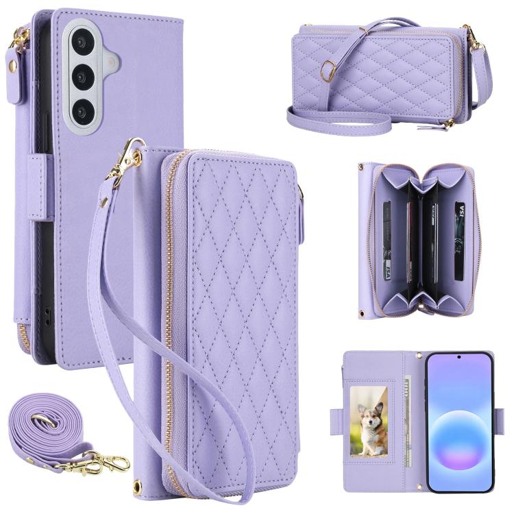 Portafoglio romboidale con cerniera e texture litchi, custodia per telefono in pelle vegana con cinturino, For Galaxy A57 5G