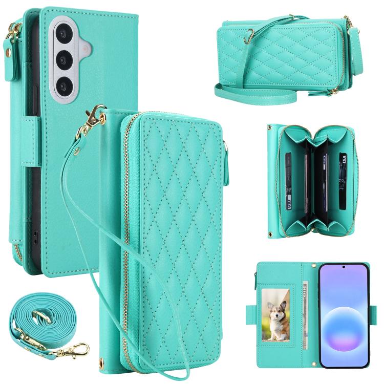 Portafoglio romboidale con cerniera e texture litchi, custodia per telefono in pelle vegana con cinturino, For Galaxy A57 5G