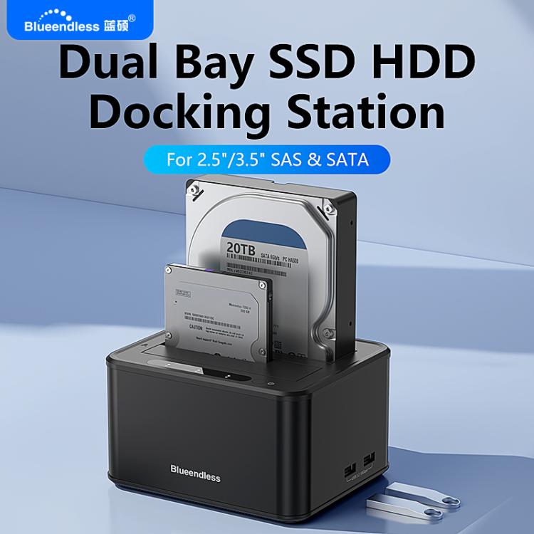 Docking station Blueendless HD07S con doppio alloggiamento per hard disk SAS/SATA da 2,5/3,5 pollici., EU Plug, UK Plug, US Plug