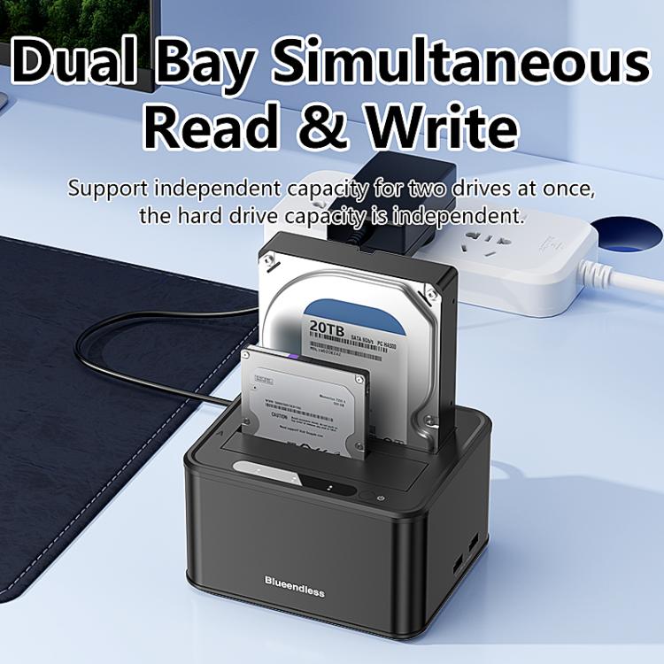 Docking station Blueendless HD07S con doppio alloggiamento per hard disk SAS/SATA da 2,5/3,5 pollici., EU Plug, UK Plug, US Plug