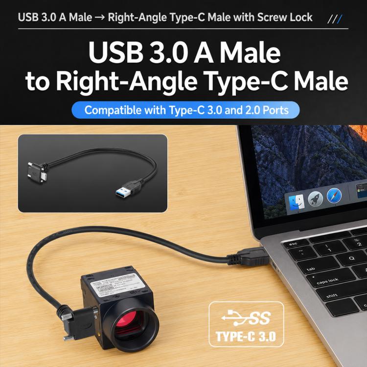 Cavo dati da USB 3.0 maschio a USB-C / Type-C 3.1 con blocco a vite, 0.3m, 0.5m, 1m, 2m