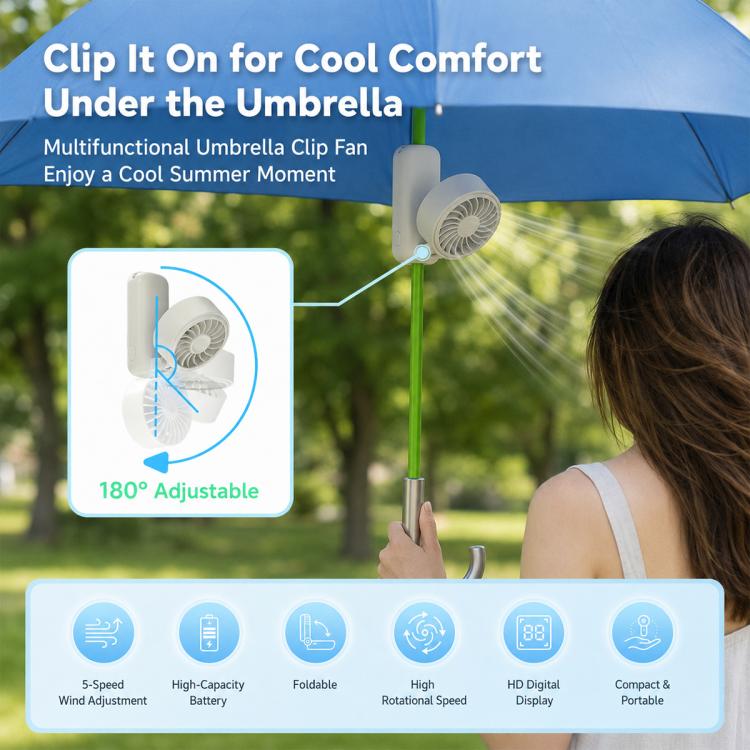 Mini ventilatore pieghevole con clip per ombrello, ricaricabile, portatile, per esterni.
