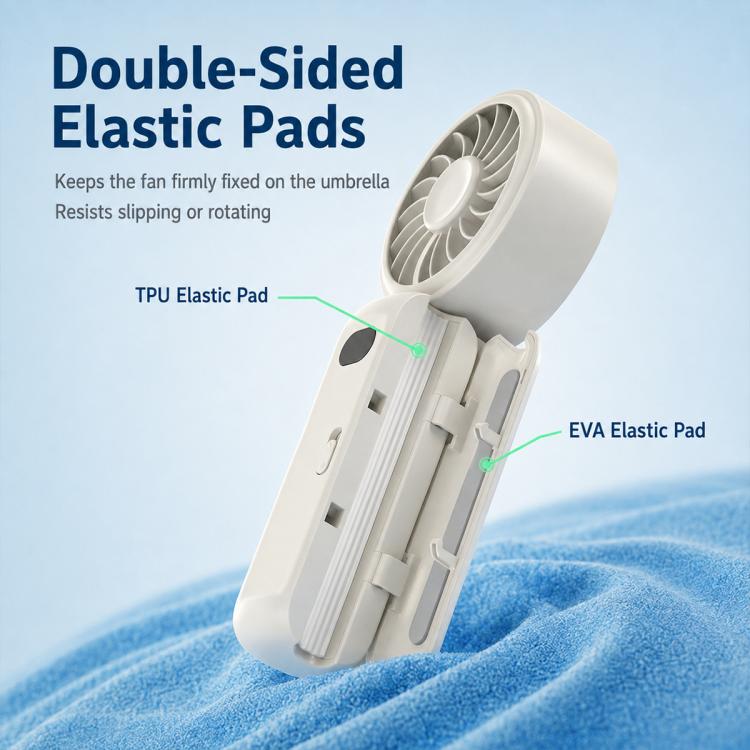 Mini ventilatore pieghevole con clip per ombrello, ricaricabile, portatile, per esterni.