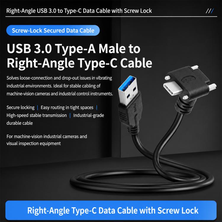 Cavo dati da USB 3.0 maschio a USB-C / Type-C 3.1 ad angolo sinistro con blocco a vite., 0.3m, 0.5m, 1m, 2m