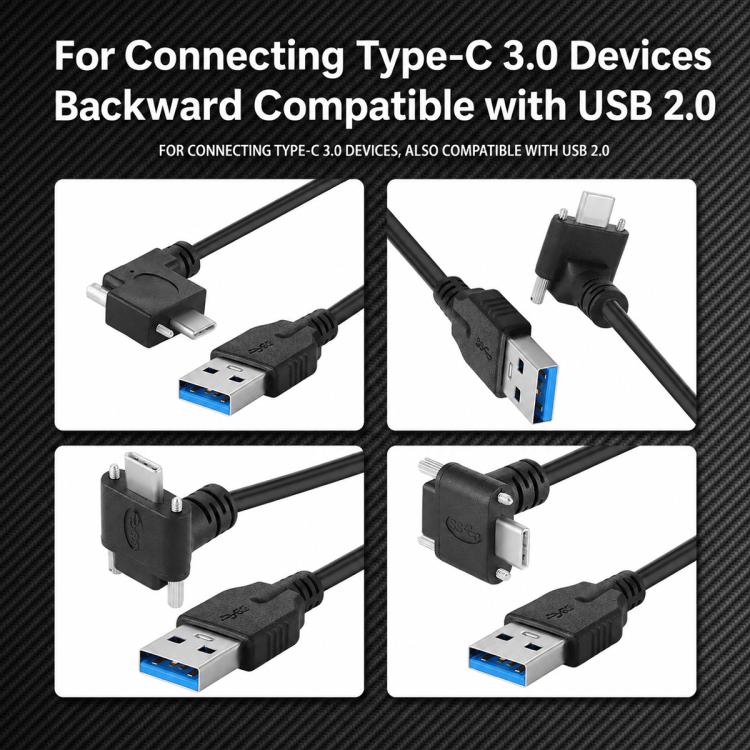 Cavo dati da USB 3.0 maschio a USB-C / Type-C 3.1 con connettore angolato verso l'alto e blocco a vite., 0.3m, 0.5m, 1m, 2m