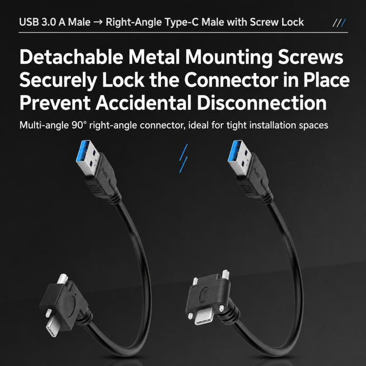 Cavo dati da USB 3.0 maschio a USB-C / Type-C 3.1 con connettore angolato verso l'alto e blocco a vite., 0.3m, 0.5m, 1m, 2m