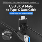 Cavo dati da USB 3.0 maschio a USB-C / Type-C 3.1 con connettore angolato verso l'alto e blocco a vite., 0.3m, 0.5m, 1m, 2m