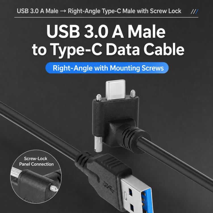 Cavo dati da USB 3.0 maschio a USB-C / Type-C 3.1 con connettore angolato verso l'alto e blocco a vite., 0.3m, 0.5m, 1m, 2m