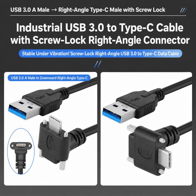 Cavo dati da USB 3.0 maschio a USB-C / Type-C 3.1 con connettore angolato verso l'alto e blocco a vite., 0.3m, 0.5m, 1m, 2m