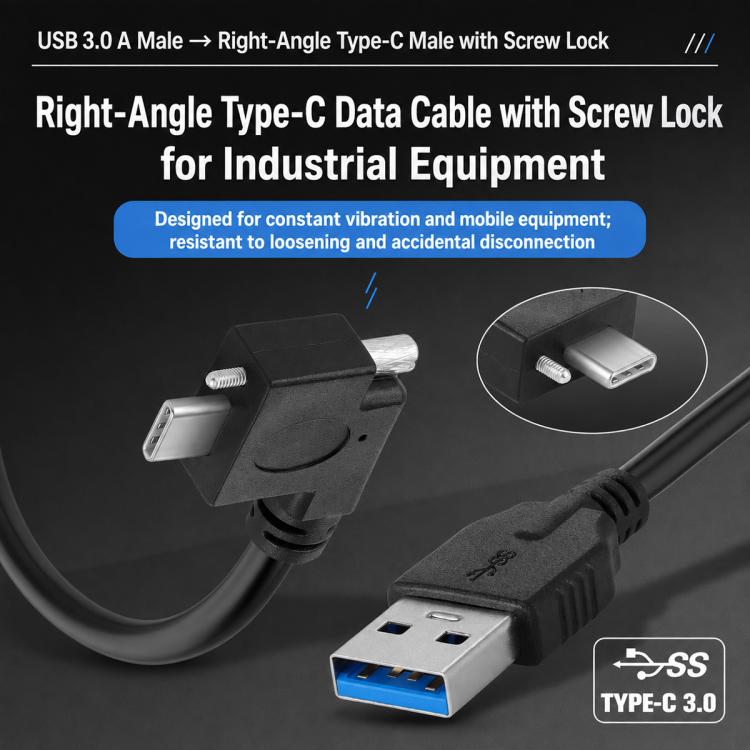 Cavo dati da USB 3.0 maschio a USB-C / Type-C 3.1 con connettore angolato verso il basso e blocco a vite., 0.3m, 0.5m, 1m, 2m