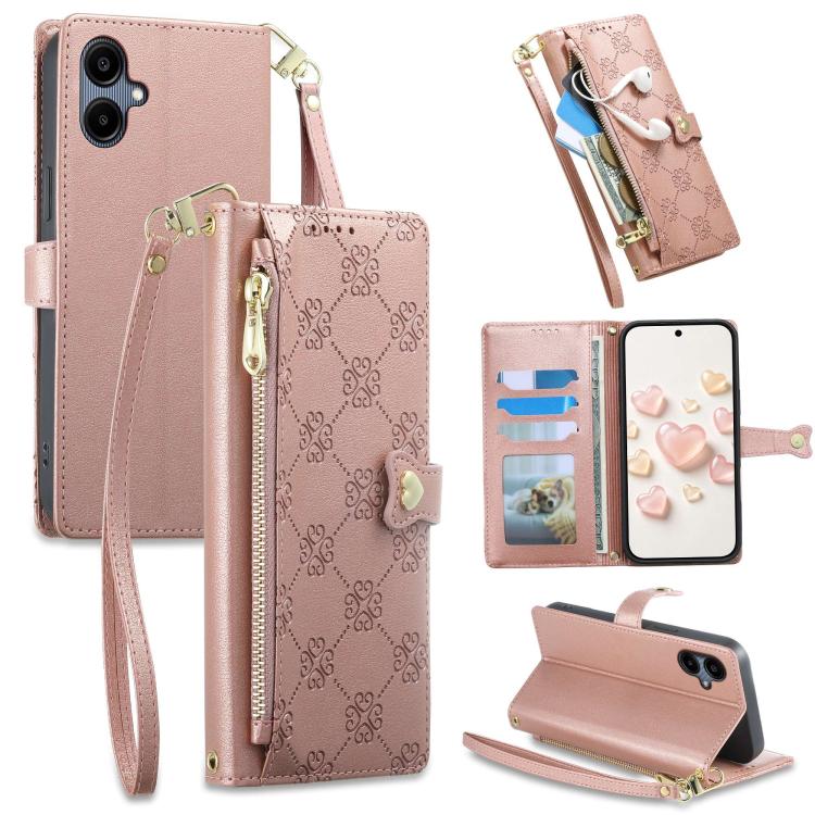 Portafoglio con cerniera, fibbia a cuore, custodia per telefono in ecopelle con cinturino da polso, For Galaxy A26 5G, For Galaxy A36 5G, For Galaxy A06 4G, For Galaxy A55 5G