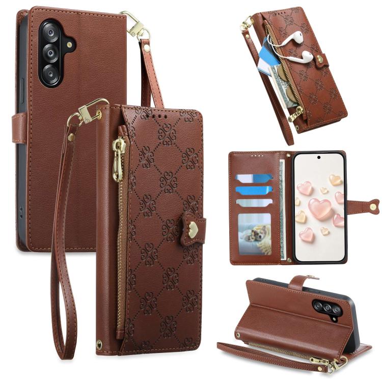 Portafoglio con cerniera, fibbia a cuore, custodia per telefono in ecopelle con cinturino da polso, For Galaxy A26 5G, For Galaxy A36 5G, For Galaxy A06 4G, For Galaxy A55 5G
