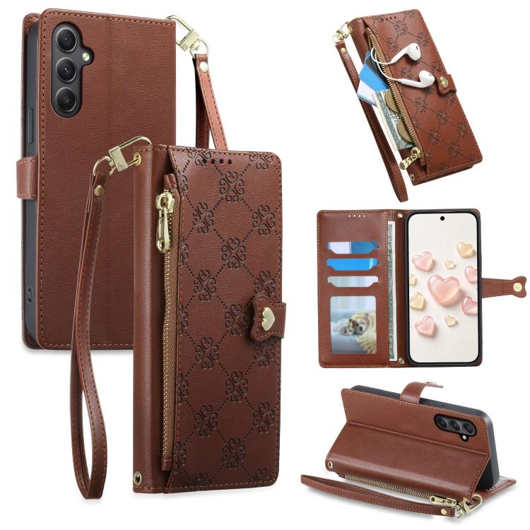 Portafoglio con cerniera, fibbia a cuore, custodia per telefono in ecopelle con cinturino da polso, For Galaxy A35 5G