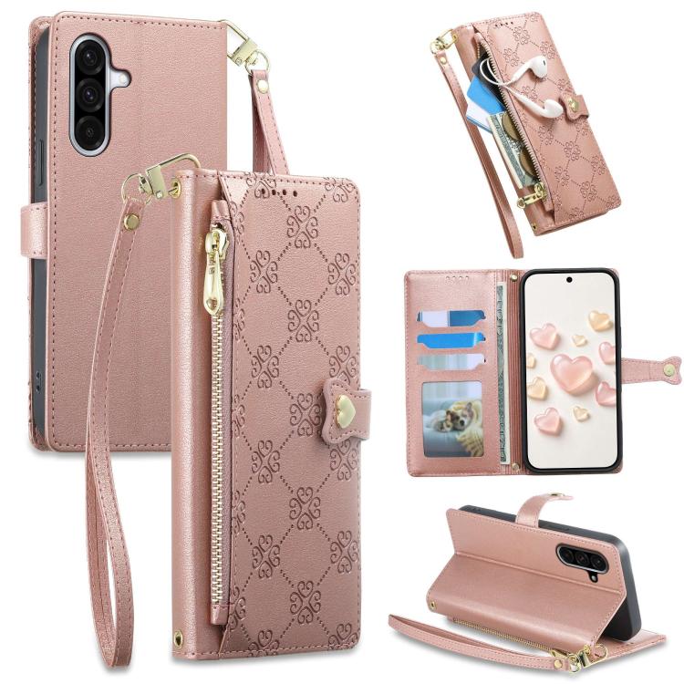 Portafoglio con cerniera, fibbia a cuore, custodia per telefono in ecopelle con cinturino da polso, For Galaxy A26 5G, For Galaxy A36 5G, For Galaxy A06 4G, For Galaxy A55 5G
