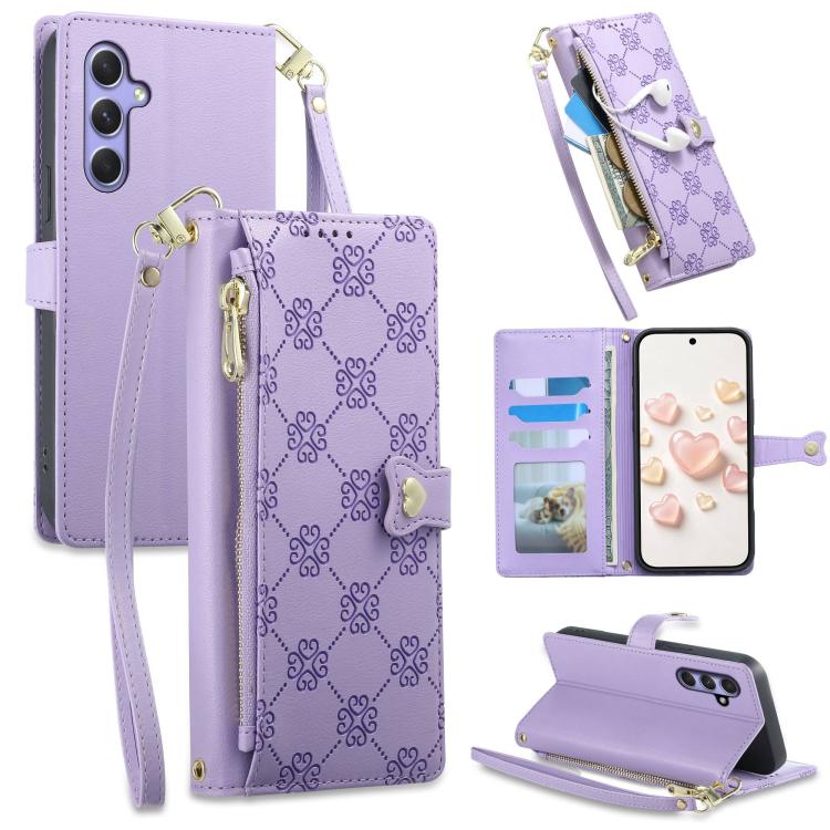 Portafoglio con cerniera, fibbia a cuore, custodia per telefono in ecopelle con cinturino da polso, For Galaxy A26 5G, For Galaxy A36 5G, For Galaxy A06 4G, For Galaxy A55 5G