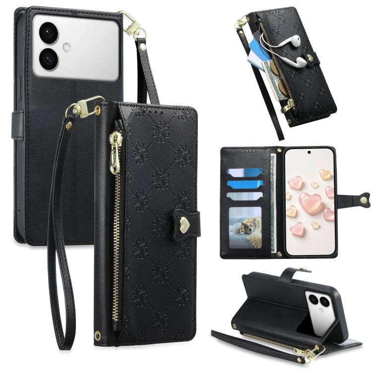 Portafoglio con cerniera, fibbia a cuore, custodia per telefono in ecopelle con cinturino da polso, For Galaxy S26 FE 5G, For Galaxy S26+ 5G, For Galaxy S26 Edge 5G, For Galaxy S26 Ultra 5G