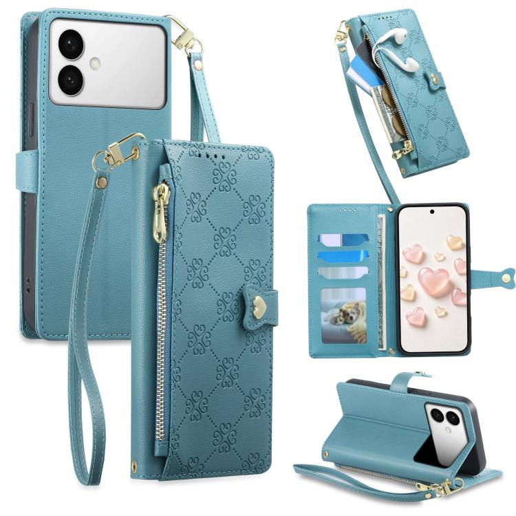 Portafoglio con cerniera, fibbia a cuore, custodia per telefono in ecopelle con cinturino da polso, For Galaxy S26 FE 5G, For Galaxy S26+ 5G, For Galaxy S26 Edge 5G, For Galaxy S26 Ultra 5G