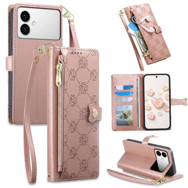 Portafoglio con cerniera, fibbia a cuore, custodia per telefono in ecopelle con cinturino da polso, For Galaxy S26 FE 5G, For Galaxy S26+ 5G, For Galaxy S26 Edge 5G, For Galaxy S26 Ultra 5G