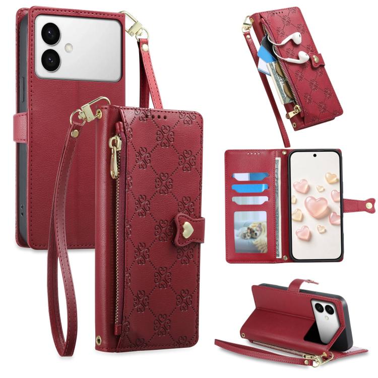 Portafoglio con cerniera, fibbia a cuore, custodia per telefono in ecopelle con cinturino da polso, For Galaxy S26 FE 5G, For Galaxy S26+ 5G, For Galaxy S26 Edge 5G, For Galaxy S26 Ultra 5G