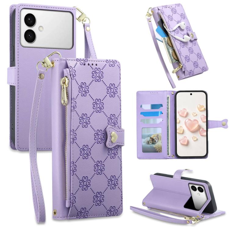 Portafoglio con cerniera, fibbia a cuore, custodia per telefono in ecopelle con cinturino da polso, For Galaxy S26 FE 5G, For Galaxy S26+ 5G, For Galaxy S26 Edge 5G, For Galaxy S26 Ultra 5G