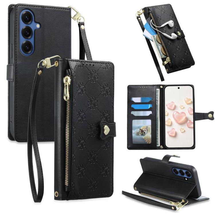 Portafoglio con cerniera, fibbia a cuore, custodia per telefono in ecopelle con cinturino da polso, For Galaxy S26 FE 5G, For Galaxy S26+ 5G, For Galaxy S26 Edge 5G, For Galaxy S26 Ultra 5G