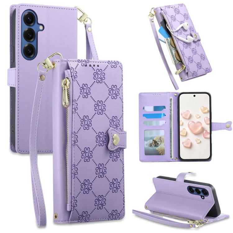 Portafoglio con cerniera, fibbia a cuore, custodia per telefono in ecopelle con cinturino da polso, For Galaxy S26 FE 5G, For Galaxy S26+ 5G, For Galaxy S26 Edge 5G, For Galaxy S26 Ultra 5G