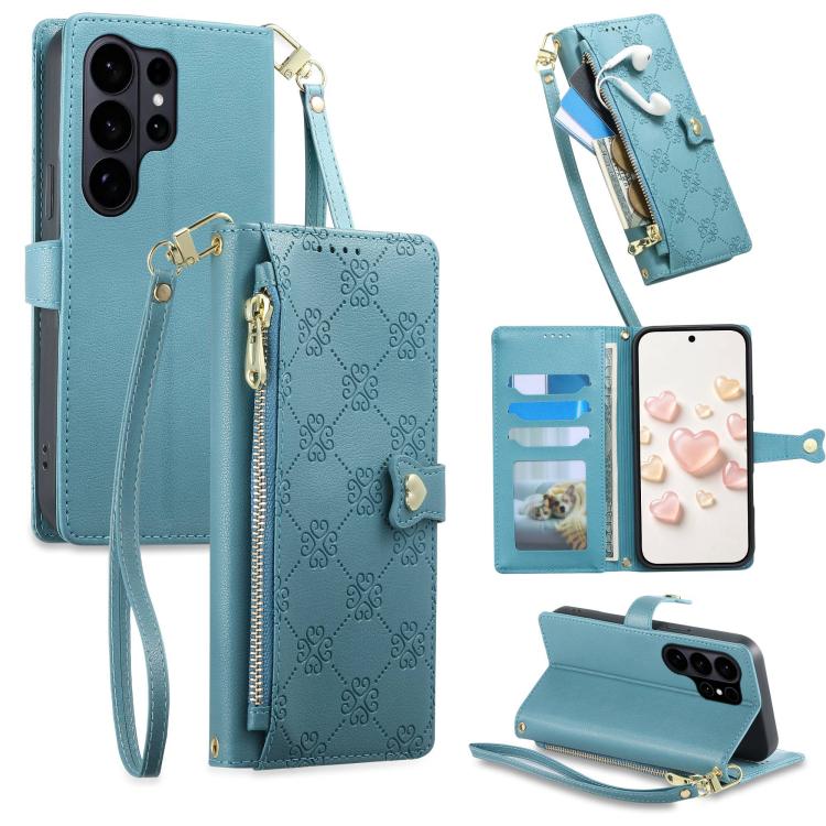 Portafoglio con cerniera, fibbia a cuore, custodia per telefono in ecopelle con cinturino da polso, For Galaxy S26 FE 5G, For Galaxy S26+ 5G, For Galaxy S26 Edge 5G, For Galaxy S26 Ultra 5G