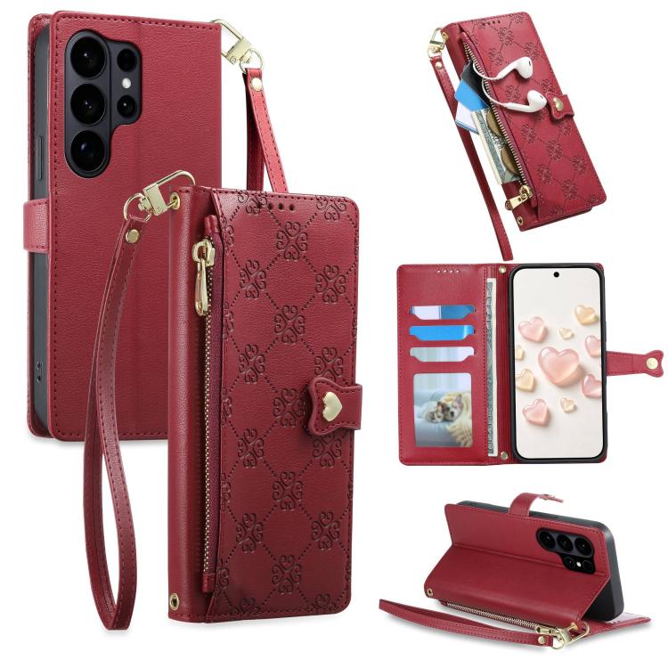 Portafoglio con cerniera, fibbia a cuore, custodia per telefono in ecopelle con cinturino da polso, For Galaxy S26 FE 5G, For Galaxy S26+ 5G, For Galaxy S26 Edge 5G, For Galaxy S26 Ultra 5G